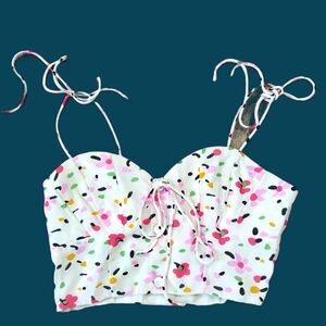 Princess Polly Ivory Floral Print Cami Crop Top Buttons Gathered Tie Straps 4